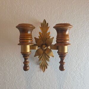 Vintage MCM Homco Gold Metal Acanthus Leaf and Wood Double Candle Wall Sconce